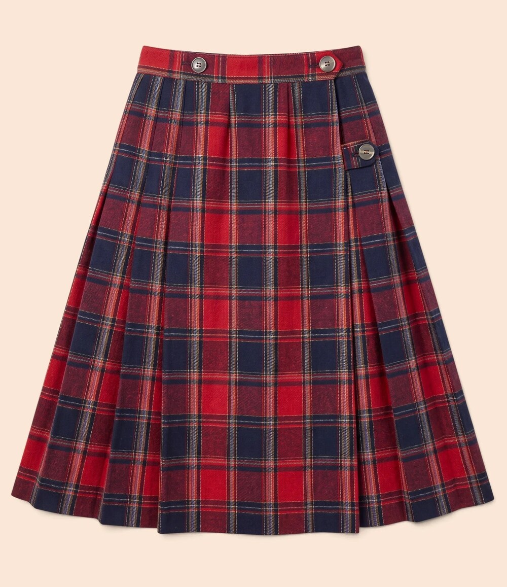 Vintage 70s 80s Wool Trevira Plaid Pleated Midi Skirt Red Navy Tartan XS 23